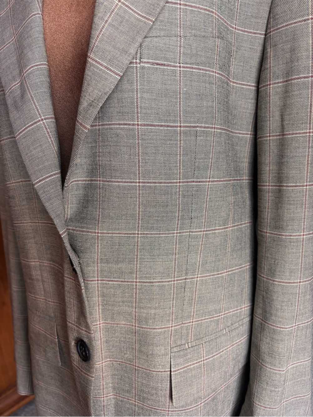 FRAME Women’s Plaid Windowpane Blazer L Gray Taupe Red Tailored - Picture 3 of 13